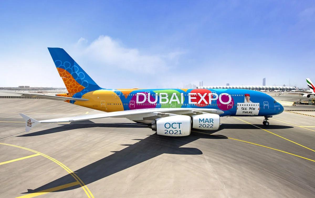 A side-profile view of the Emirates A380 Dubai Expo livery.