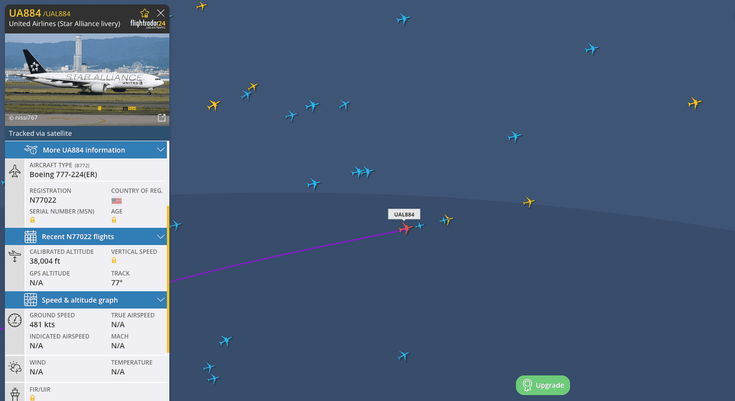 UA 884 flight data on Flightradar24 as it flies over the Atlantic.