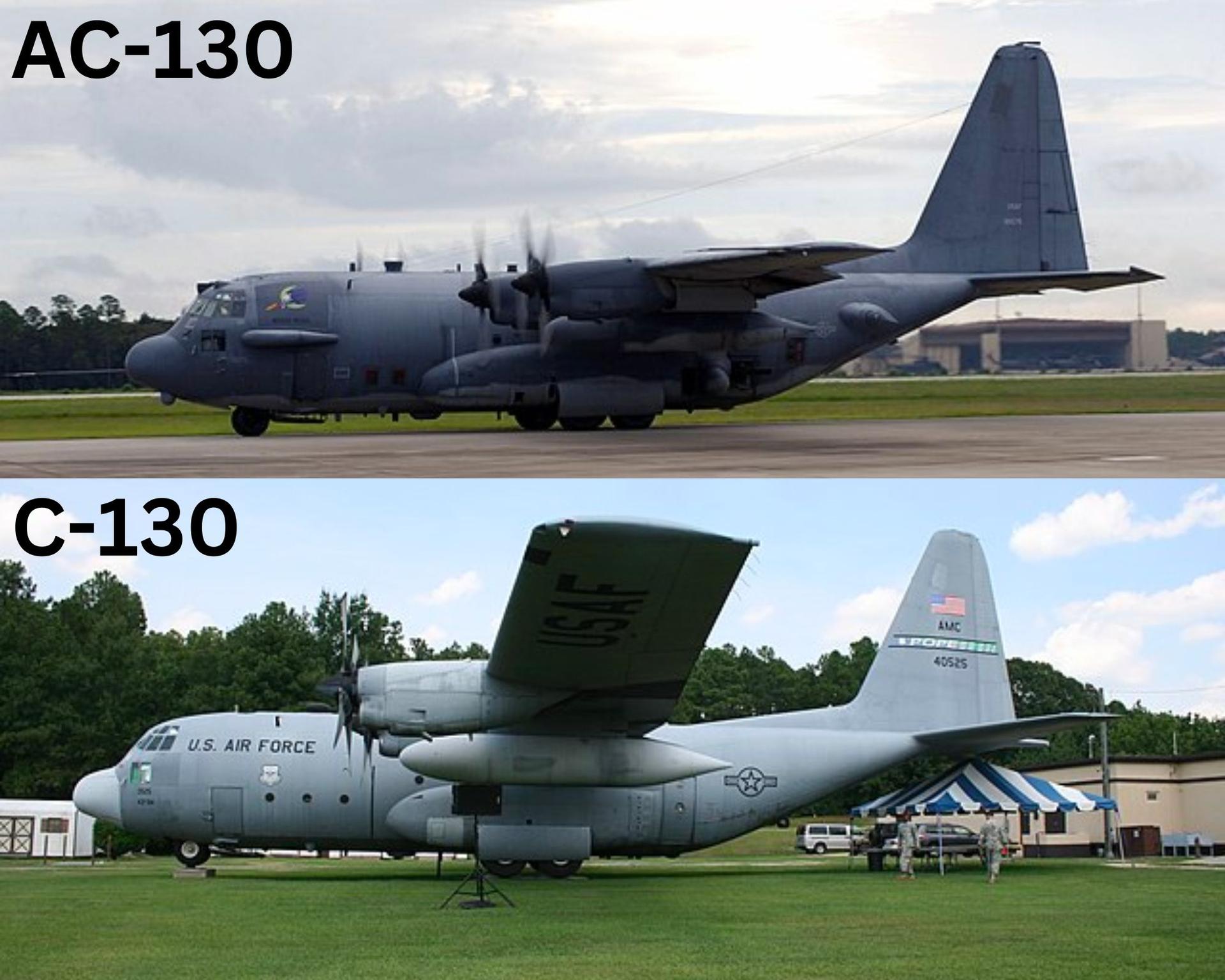 A side by side comparison of an AC-130 (top) and C-130 (bottom).