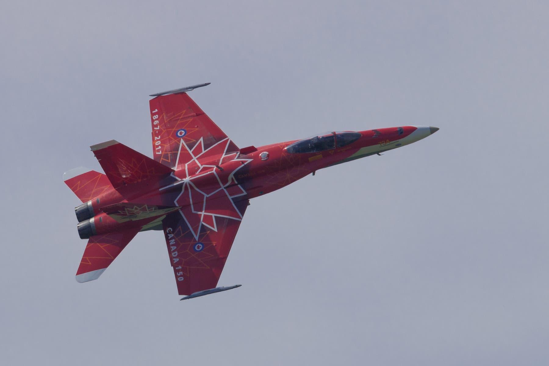 A red Royal Canadian Air Force CF-18  in the “Canada 150” livery.