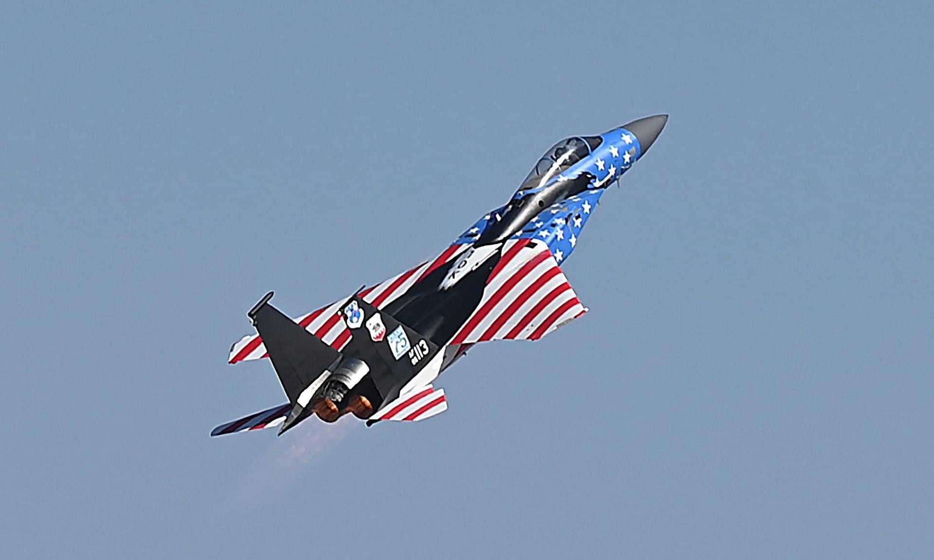 A USAF F-15C Fighting Eagle painted with an American flag paint job.