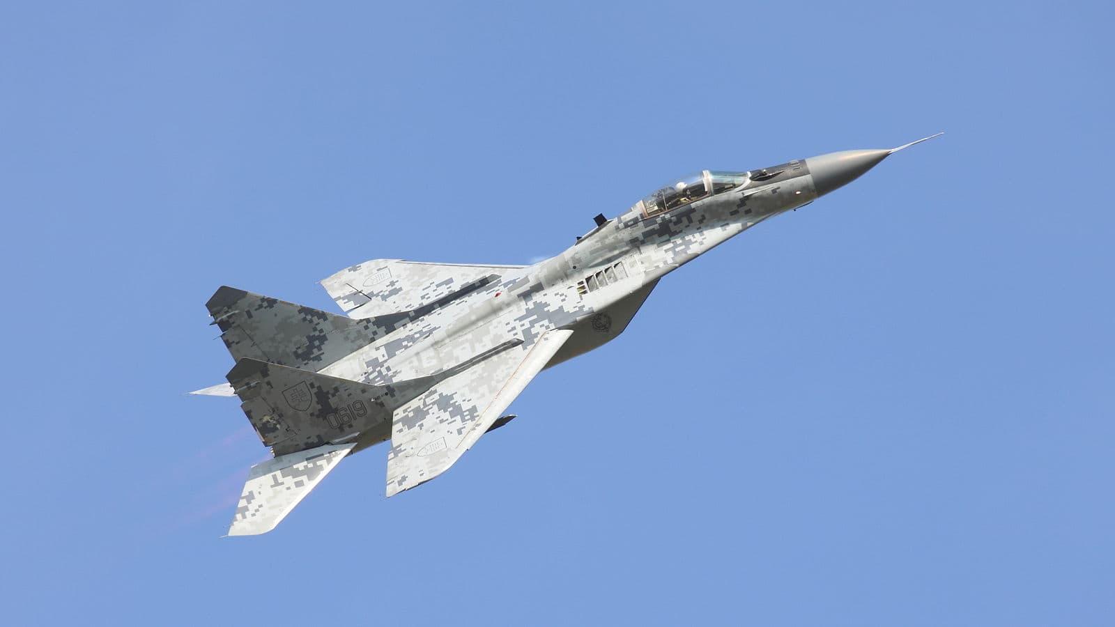 A Slovakian MiG-29 in a gray digital camo pattern livery.