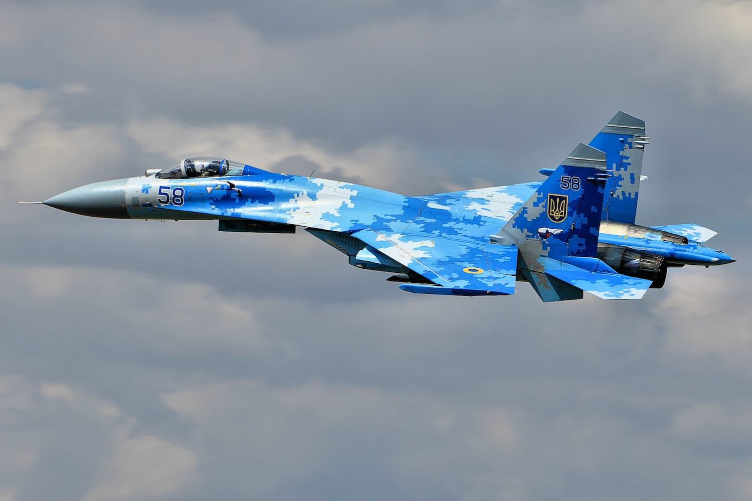 A Ukranian SU-27 Flanker in blue digital camo.